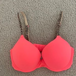 Victoria’s Secret Pink push up bra 34D. Bright coral with animal straps